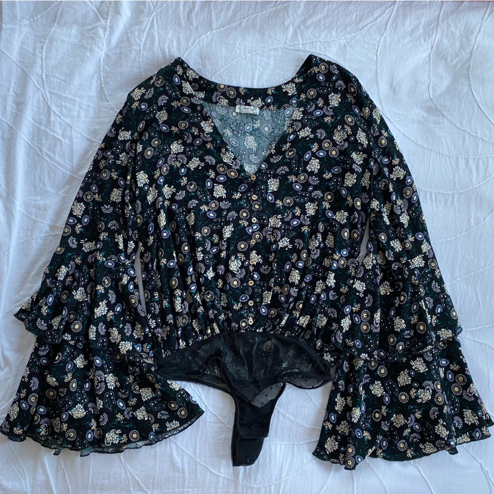 Black Floral Free People Bodysuit Blouse XS